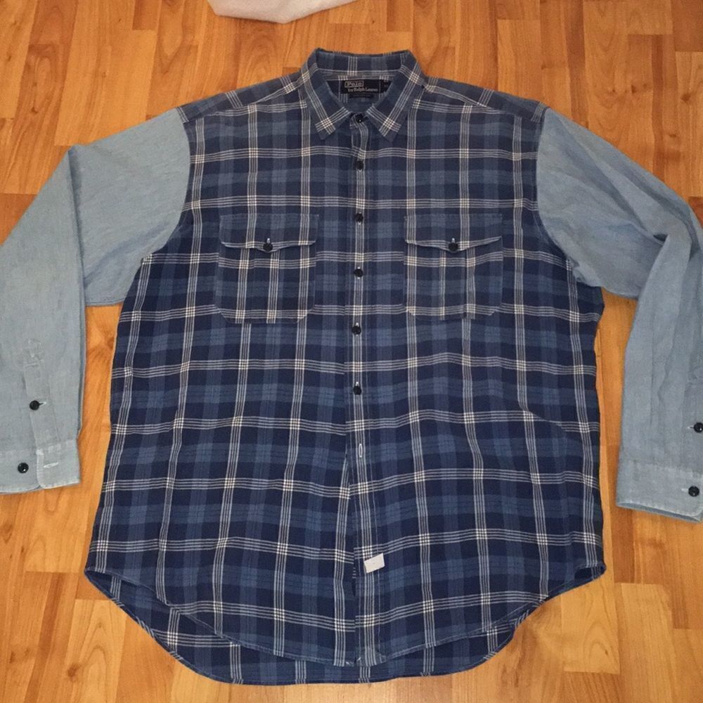 Retro Polo by Ralph Lauren 2 tone button Plaid Tartan Check & Chambray shirt XL
